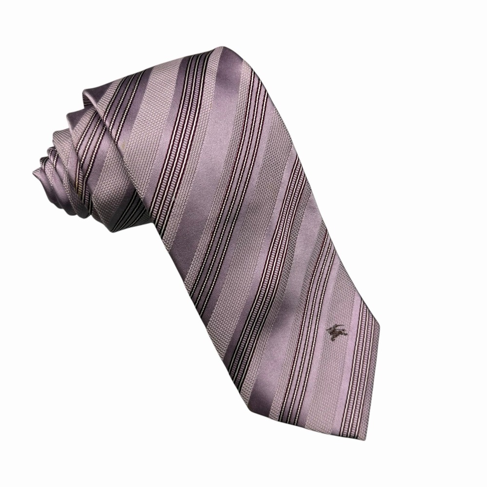 Burberry Black Label Mens Tie Pink Striped Equestrian Logo Satin Silk 3.5" 59.5"